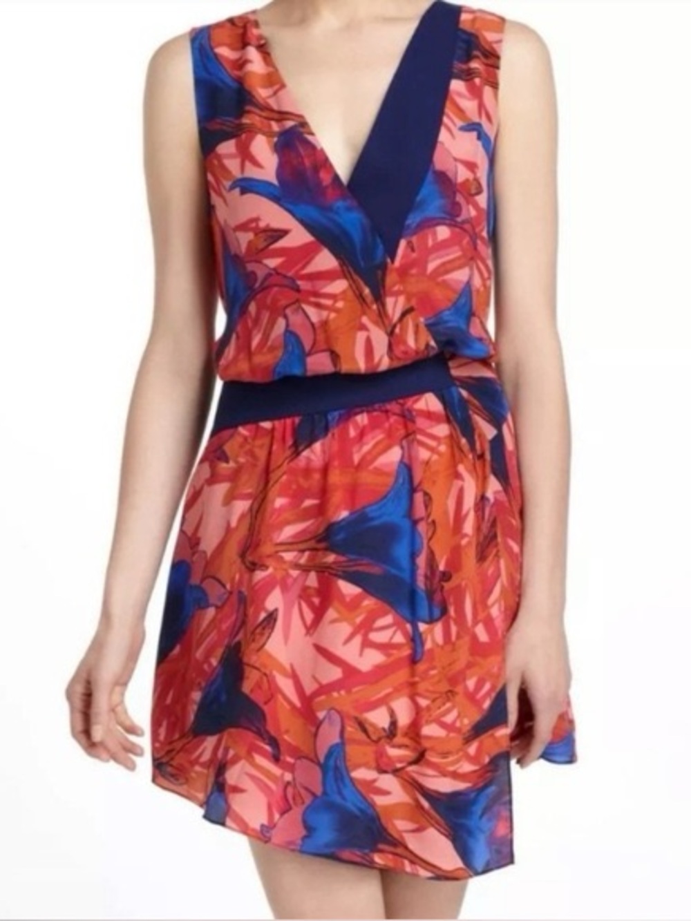 Anthropologie Leifsdottir Vibrant Pink & Blue Floral V-Neck Mini Dress